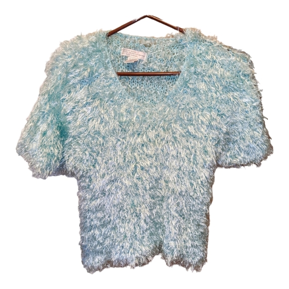 Vintage Hand Crochet Shaggy Baby Blue Sweater Size Medium - Picture 3 of 7